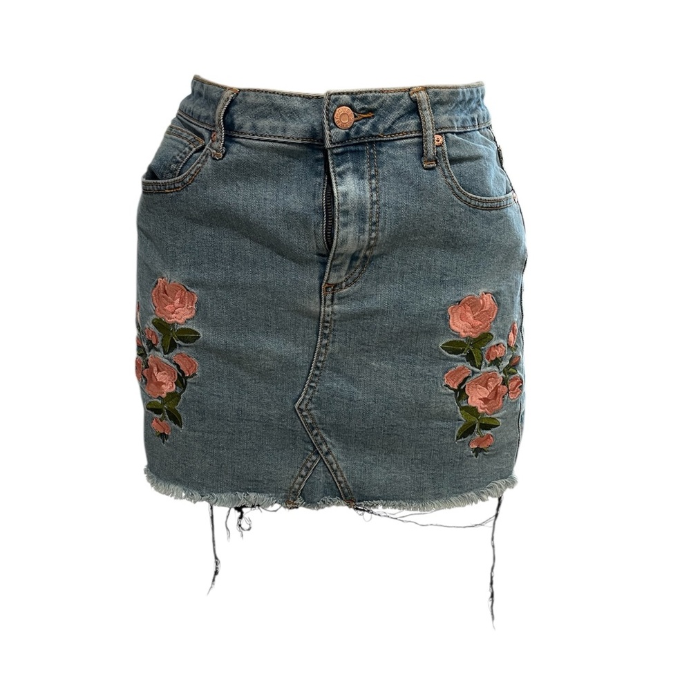 GUESS Embroidered Denim Skirt - Blue with Pink Floral Accents - Picture 4 of 5